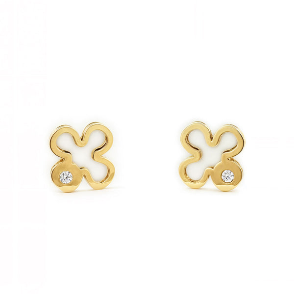Boucles d'Oreilles Bebe Fille Enfant Nacre Trèfle Zircone Or Jaune 9 Carats