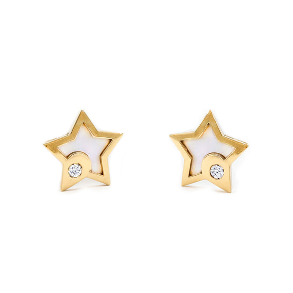 Boucles d'Oreilles Bebe Fille Enfant Nacre Étoile Zircone Or Jaune 9 Carats