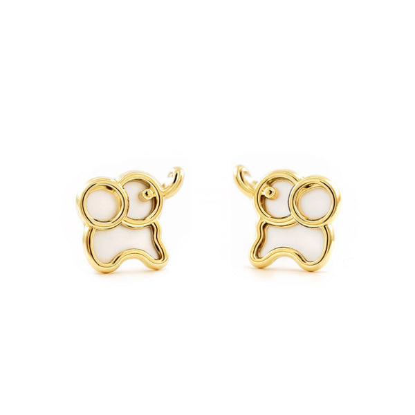 Boucles d'Oreilles Fille Enfant Nacre Élephant Or Jaune 9 Carats