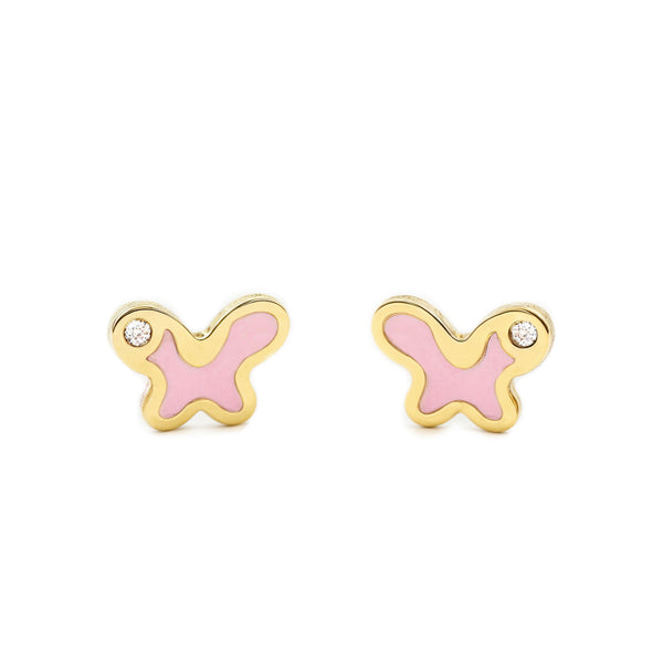 Boucles d'Oreilles Bebe Fille Enfant Émail rose Papillon Zircone Or Jaune 9 Carats
