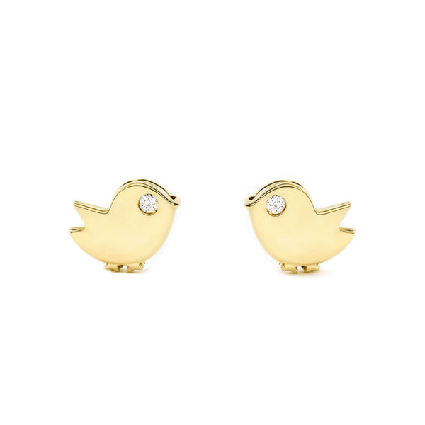 Boucles d'Oreilles Bebe Fille Enfant Oiseau Zircone Or Jaune 9 Carats