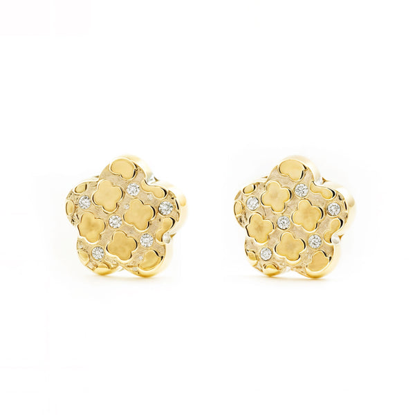 Boucles d'Oreilles Bebe Fille Enfant marguerite fleur Zircone Or Jaune 9 carats texturees