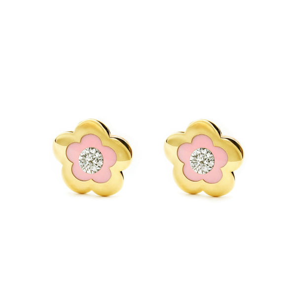 Boucles d'Oreilles Fille Enfant Émail rose marguerite fleur Zircone Or Jaune 9 Carats