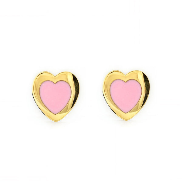 Boucles d'Oreilles Fille Enfant Émail rose Cœur Or Jaune 9 Carats