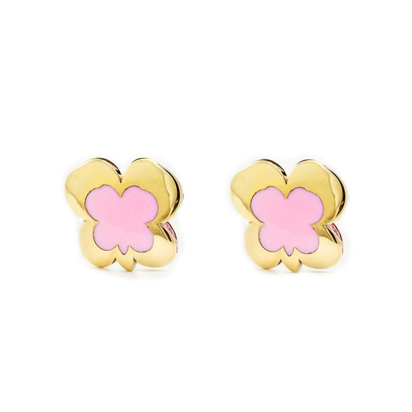 Boucles d'Oreilles Fille Enfant Émail rose Papillon Or Jaune 9 Carats