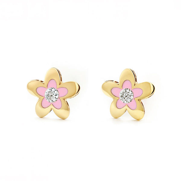 Boucles d'Oreilles Fille Enfant Émail rose Fleur Zircone Or Jaune 9 Carats