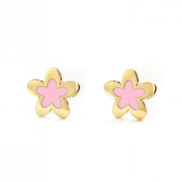 Boucles d'Oreilles Fille Enfant Émail rose Fleur Or Jaune 9 Carats