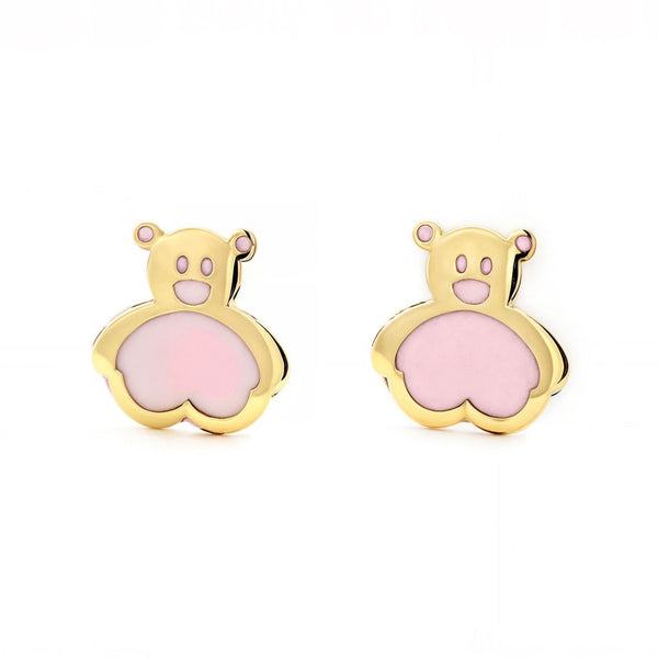 Boucles d'Oreilles Fille Enfant Émail rose Ours Or Jaune 9 Carats
