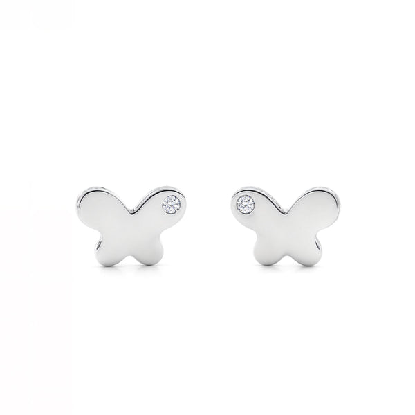 Boucles d'Oreilles Bebe Fille Enfant Papillon Zircone Or Blanc 9 Carats
