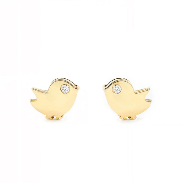 Boucles d'Oreilles Bebe Fille Enfant Oiseau Zircone Or Jaune 9 Carats