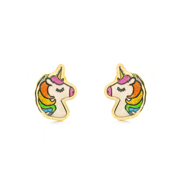 Boucles d'Oreilles Fille Enfant Émail multicolore Licorne Or Jaune 9 Carats