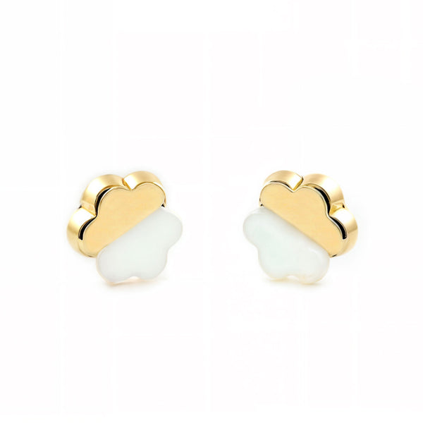 Boucles d'Oreilles Bebe Fille Enfant Nacre Fleur Or Jaune 9 Carats