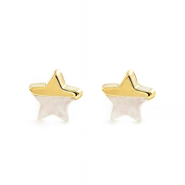 Boucles d'Oreilles Bebe Fille Enfant Nacre Étoile Or Jaune 18 Carats