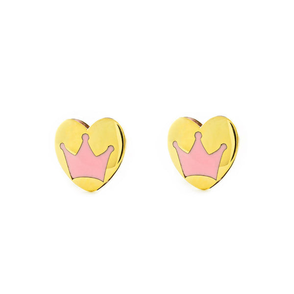 Boucles d'Oreilles Fille Enfant Émail rose Cœur Or Jaune 9 Carats