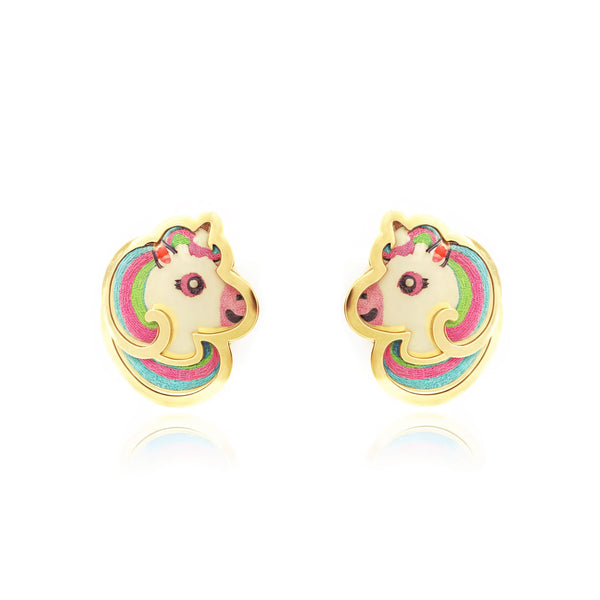 Boucles d'Oreilles Fille Enfant Émail multicolore Licorne Or Jaune 9 Carats