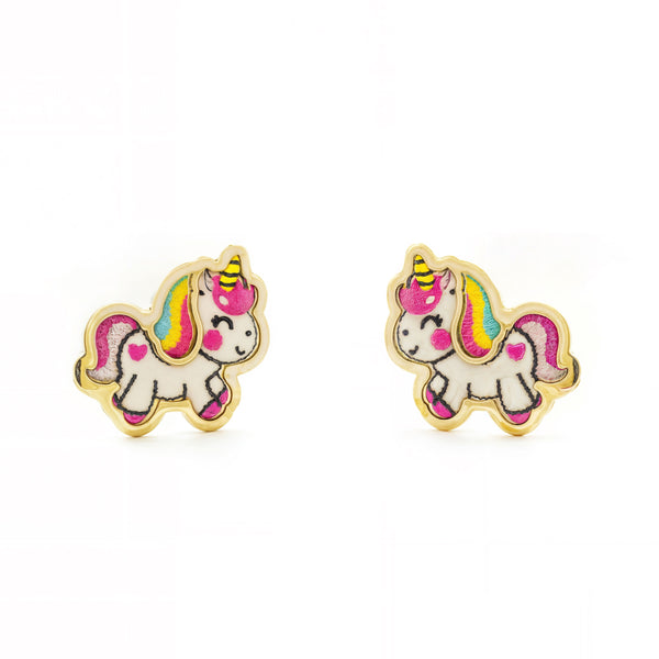 Boucles d'Oreilles Fille Enfant Émail multicolore Licorne Or Jaune 18 Carats