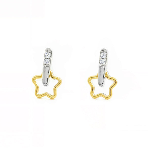 Boucles d'Oreilles Bebe Fille Enfant Étoile Zircone Or Bicolore 9 Carats