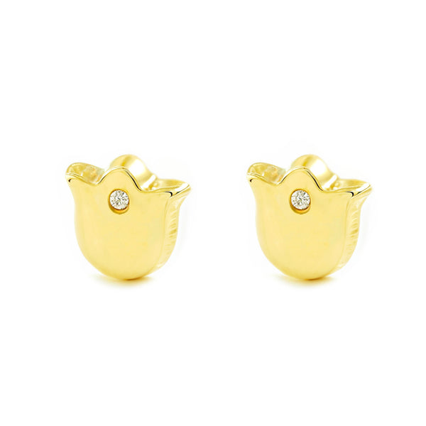 Boucles d'Oreilles Bebe Fille Enfant Tulipe Zircone Or Jaune 9 Carats