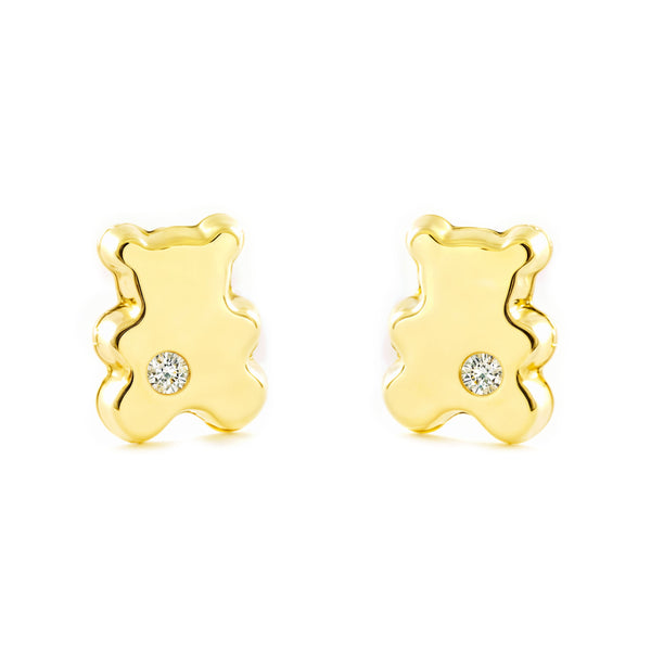 Boucles d'Oreilles Bebe Fille Enfant Ours Zircone Or Jaune 9 Carats