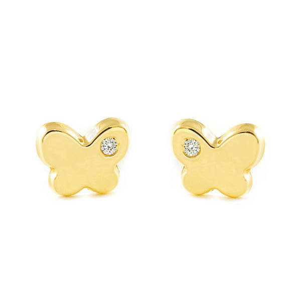 Boucles d'Oreilles Bebe Fille Enfant Papillon Zircone Or Jaune 9 Carats