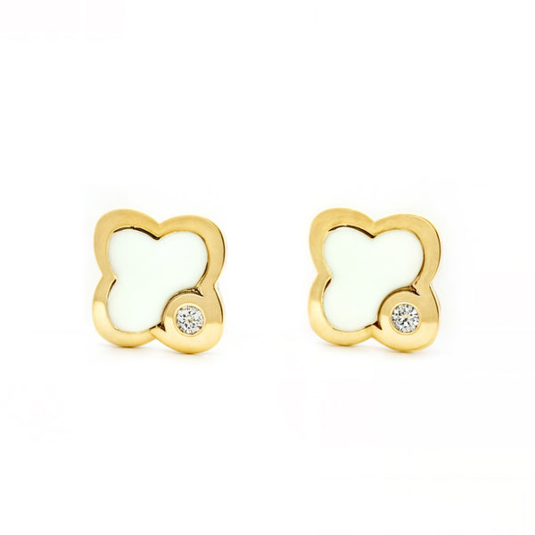 Boucles d'Oreilles Bebe Fille Enfant Nacre Trèfle Zircone Or Jaune 9 Carats
