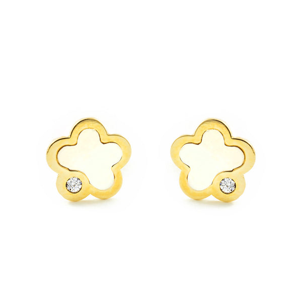 Boucles d'Oreilles Bebe Fille Enfant Nacre Fleur Zircone Or Jaune 9 Carats