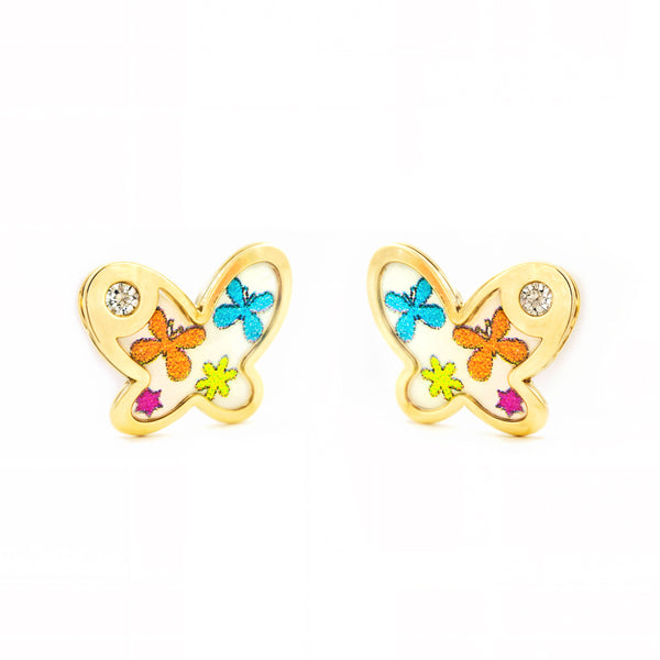 Boucles d'Oreilles Bebe Fille Enfant Émail multicolore Papillon Zircone Or Jaune 9 Carats