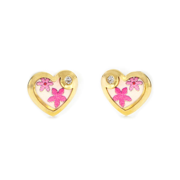 Boucles d'Oreilles Bebe Fille Enfant Émail multicolore Cœur Zircone Or Jaune 9 Carats