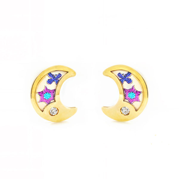 Boucles d'Oreilles Fille Enfant Émail multicolore Lune Zircone Or Jaune 9 Carats