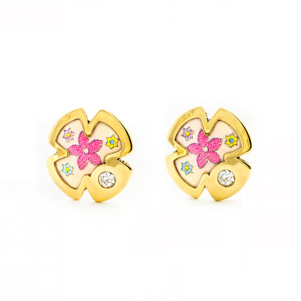 Boucles d'Oreilles Bebe Fille Enfant Émail multicolore Croix Zircone Or Jaune 9 Carats