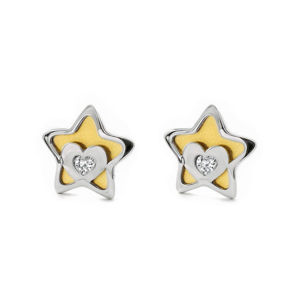 Boucles d'Oreilles Bebe Fille Enfant Étoile Zircone Or Bicolore 9 Carats
