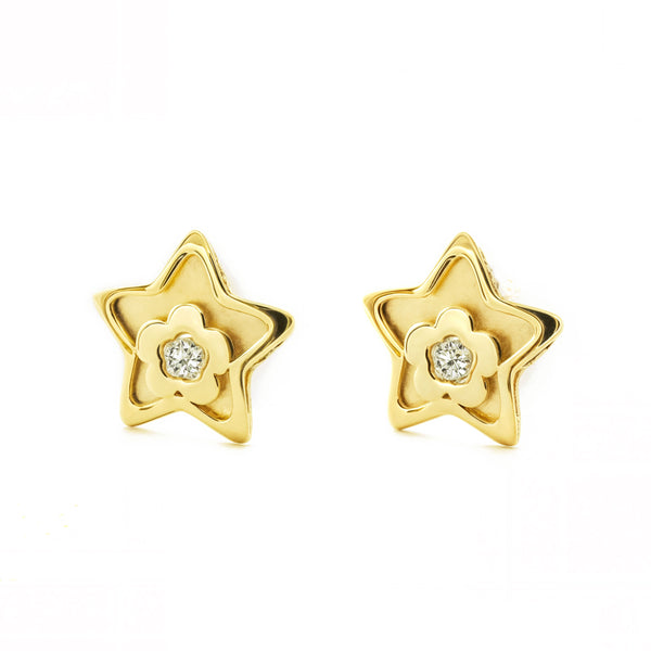 Boucles d'Oreilles Bebe Fille Enfant Étoile Zircone Or Jaune 9 Carats