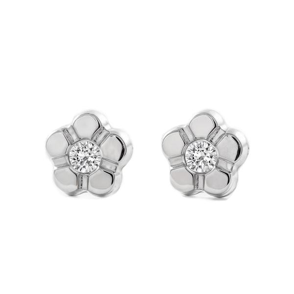Boucles d'Oreilles Fille Enfant marguerite fleur Zircone Or Blanc 9 Carats