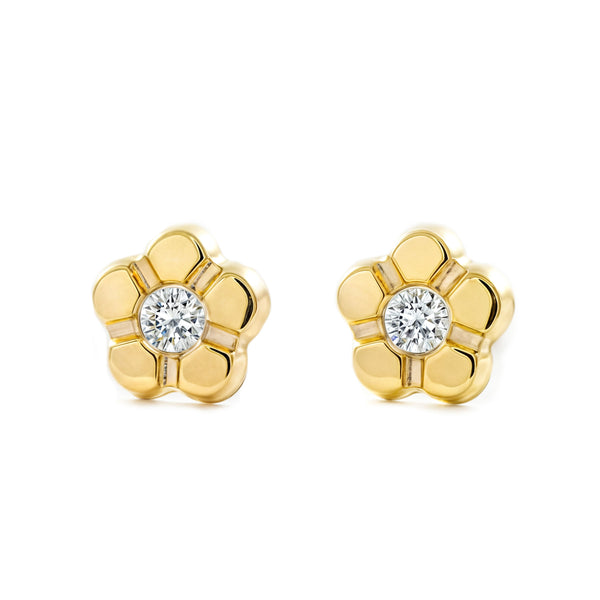 Boucles d'Oreilles Fille Enfant marguerite fleur Zircone Or Jaune 9 Carats