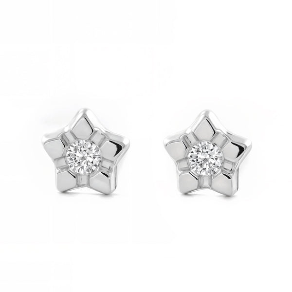 Boucles d'Oreilles Bebe Fille Enfant Étoile Zircone Or Blanc 9 Carats