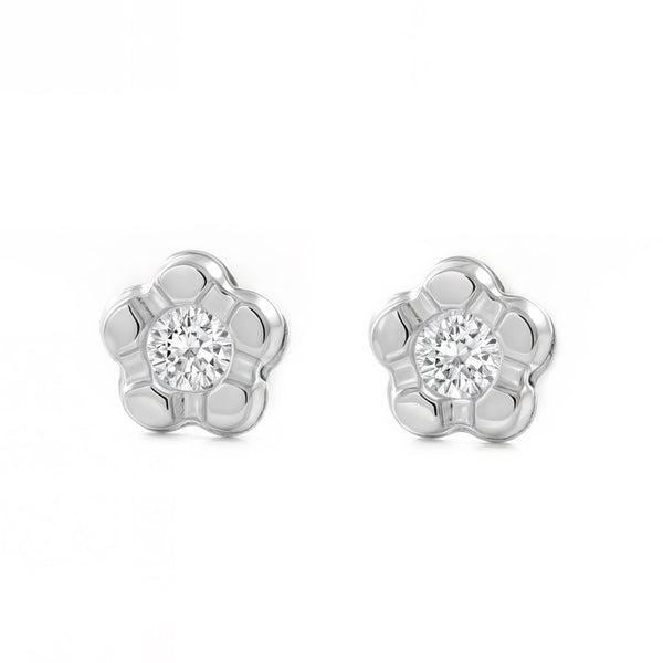 Boucles d'Oreilles Bebe Enfant marguerite fleur Zircone Or Blanc 9 Carats