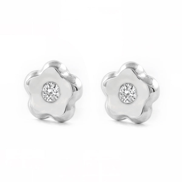 Boucles d'Oreilles Bebe Fille Enfant marguerite fleur Zircone Or Blanc 9 Carats