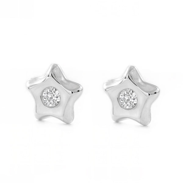 Boucles d'Oreilles Bebe Fille Enfant Étoile Zircone Or Blanc 9 Carats