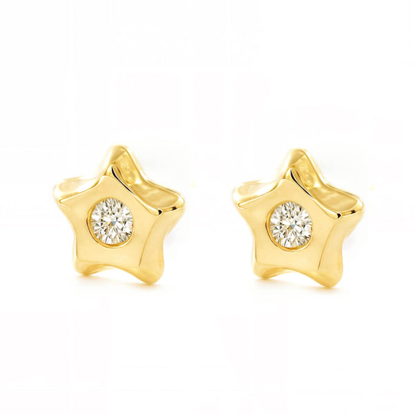 Boucles d'Oreilles Bebe Fille Enfant Étoile Zircone Or Jaune 9 Carats