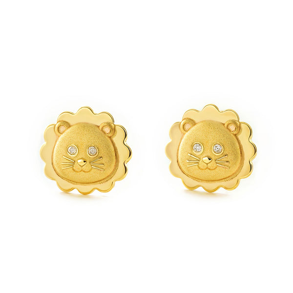 Boucles d'Oreilles Fille Enfant Lion Zircone Or Jaune 9 carats mates et brillantes