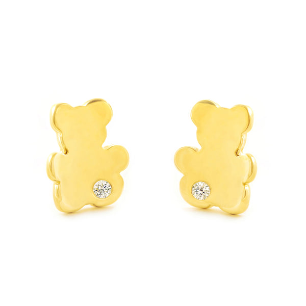 Boucles d'Oreilles Bebe Fille Enfant Ours Zircone Or Jaune 9 Carats