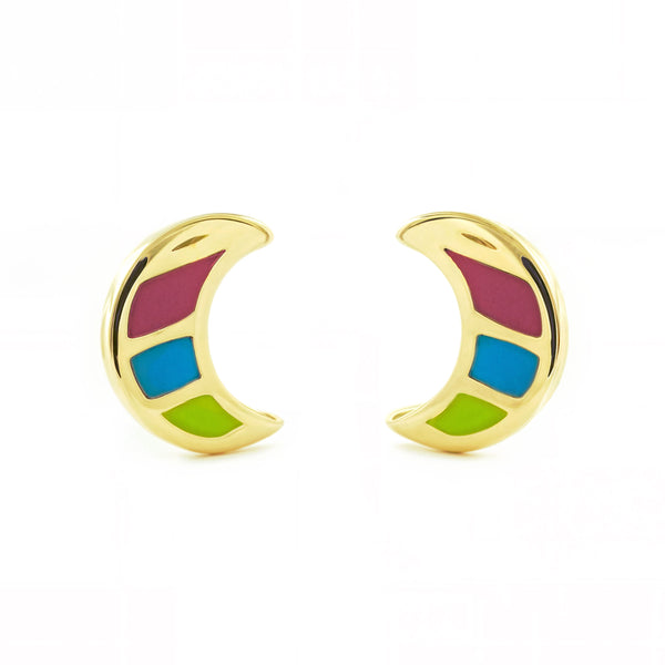 Boucles d'Oreilles Fille Enfant Émail multicolore Lune Or Jaune 9 Carats