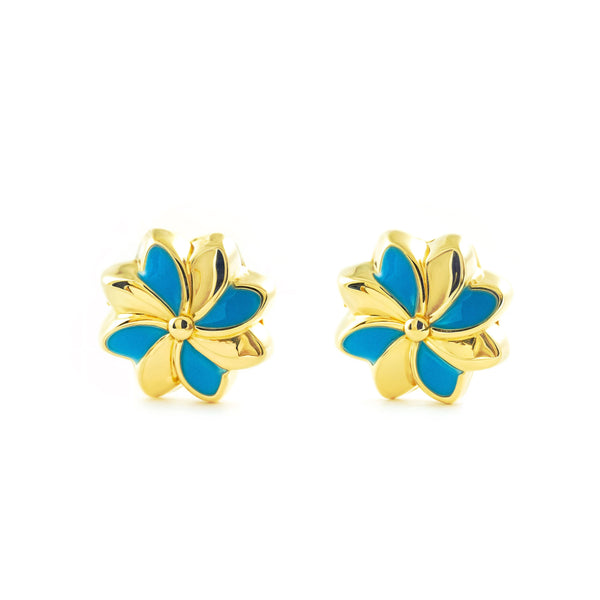 Boucles d'Oreilles Fille Enfant Émail bleu Fleur Or Jaune 18 Carats