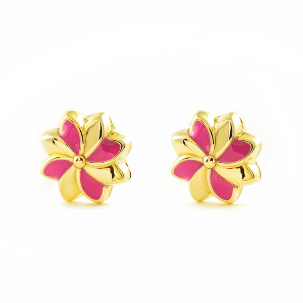 Boucles d'Oreilles Fille Enfant Émail rose Fleur Or Jaune 9 Carats