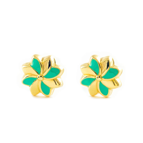 Boucles d'Oreilles Fille Enfant Émail vert Fleur Or Jaune 9 Carats