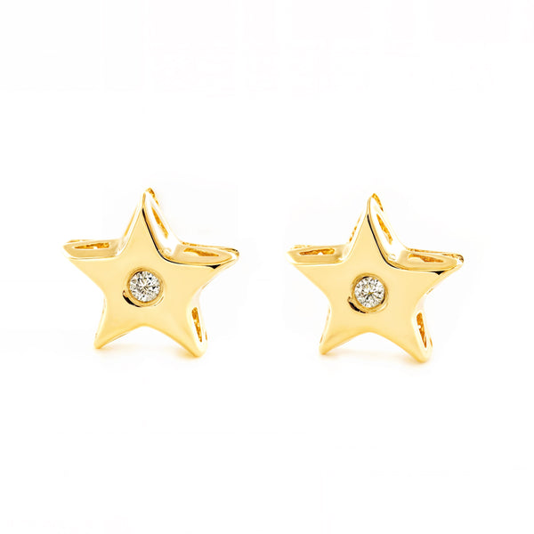 Boucles d'Oreilles Bebe Fille Enfant Étoile Zircone Or Jaune 9 Carats