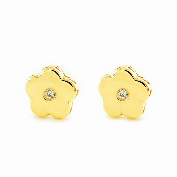 Boucles d'Oreilles Bebe Fille Enfant Fleur Zircone Or Jaune 9 Carats