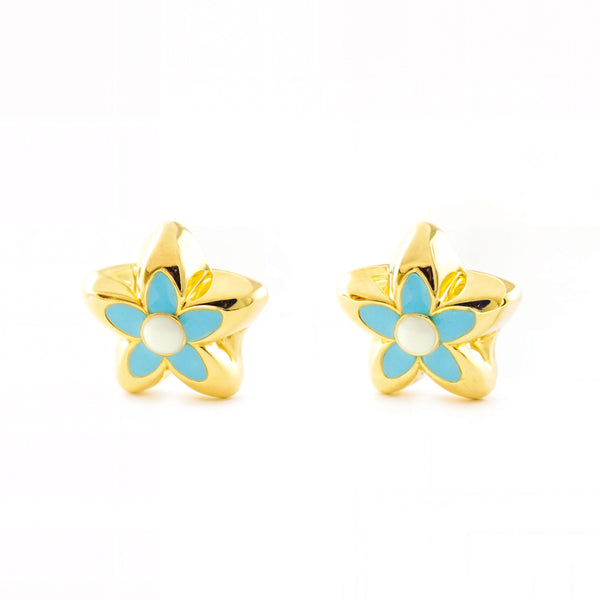 Boucles d'Oreilles Fille Enfant Émail bleu Fleur Or Jaune 18 Carats