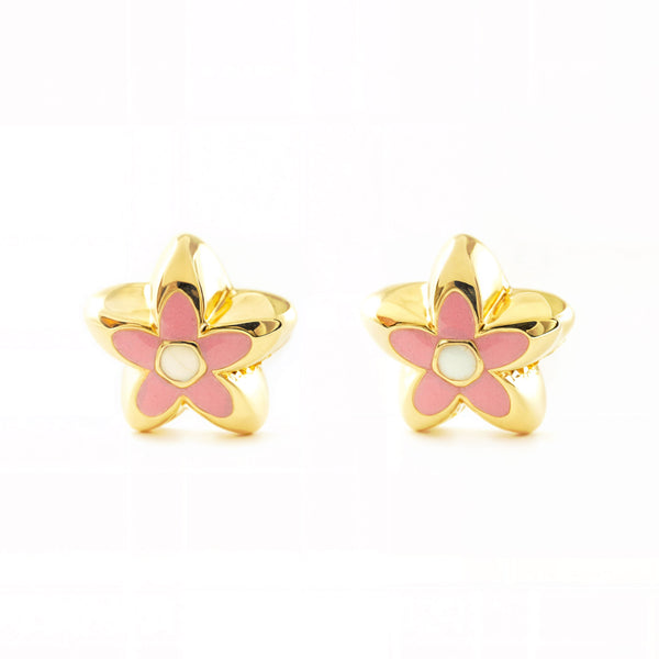 Boucles d'Oreilles Bebe Fille Enfant Émail rose Fleur Or Jaune 18 Carats
