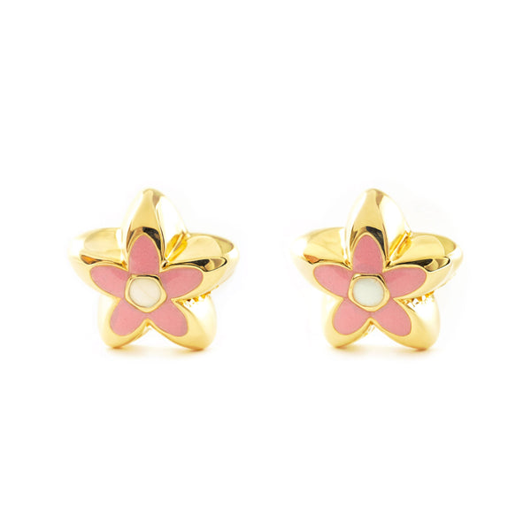 Boucles d'Oreilles Bebe Fille Enfant Émail rose Fleur Or Jaune 18 Carats